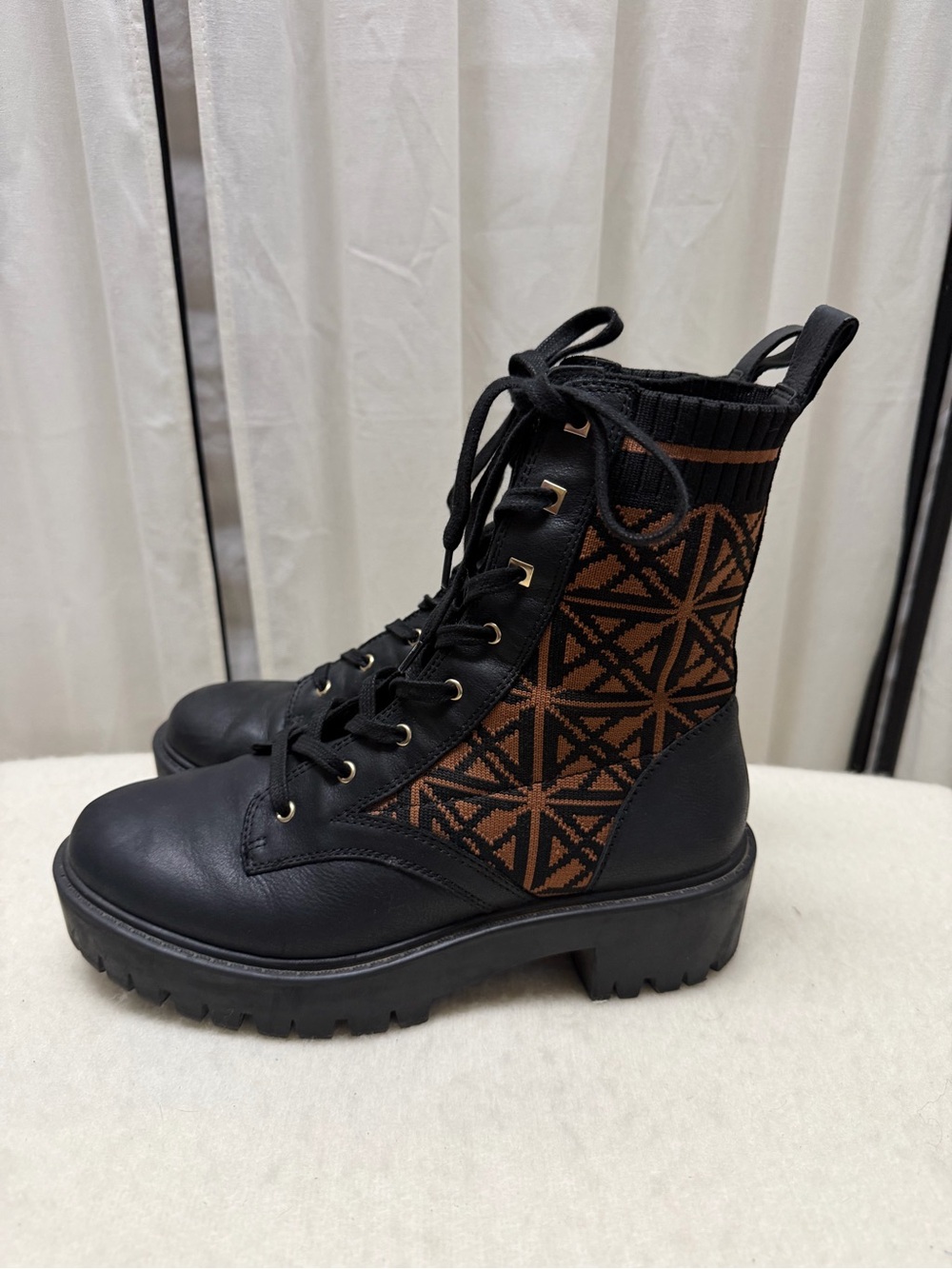 ANTONIO MELANI Black Lace-Up Ankle Boots with Brown Patterned Panels